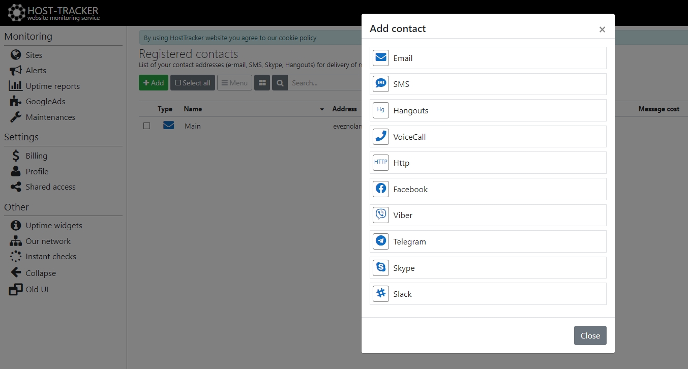 Notification methods and settings by HostTracker website monitoring