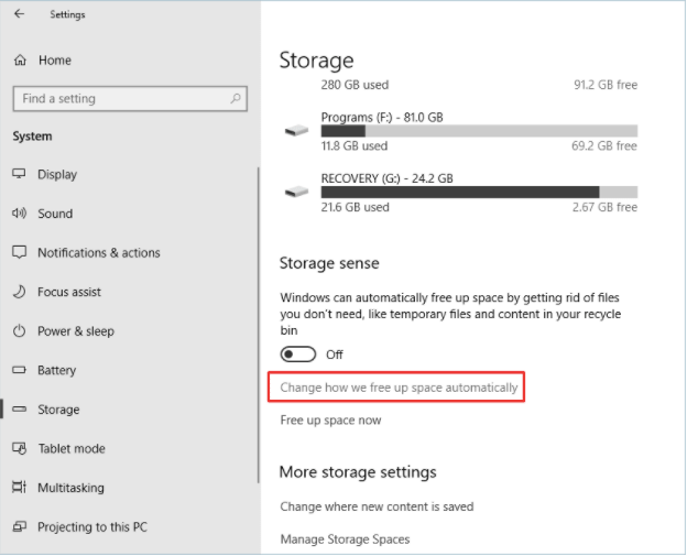 Set up storage sense